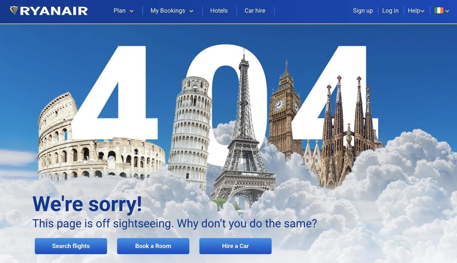 The 404 page a user is shown on the Ryanair website when they click on a broken link.