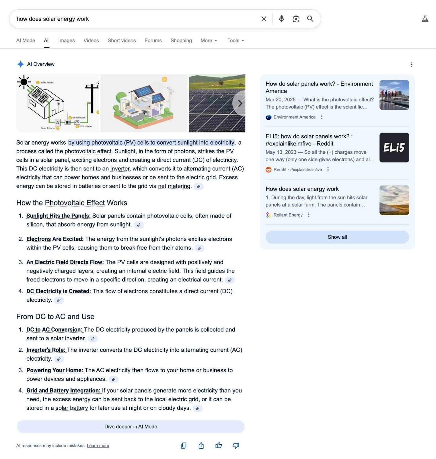 SERP for the term "how does solar energy work" yielding an AI Overview result.