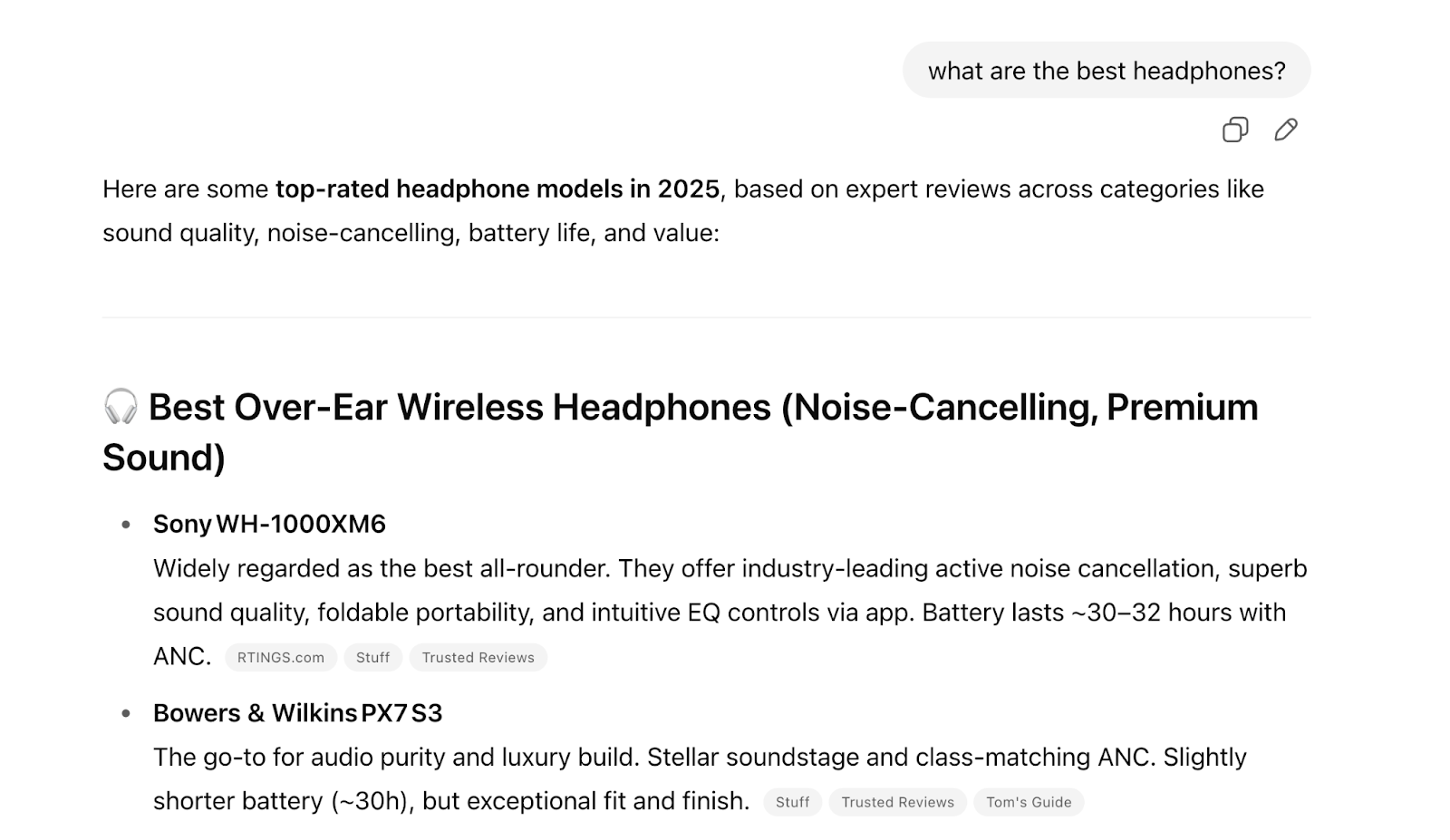 The user asks what are the best headphones and the AI tool responds with a list of brands based on cited sources.