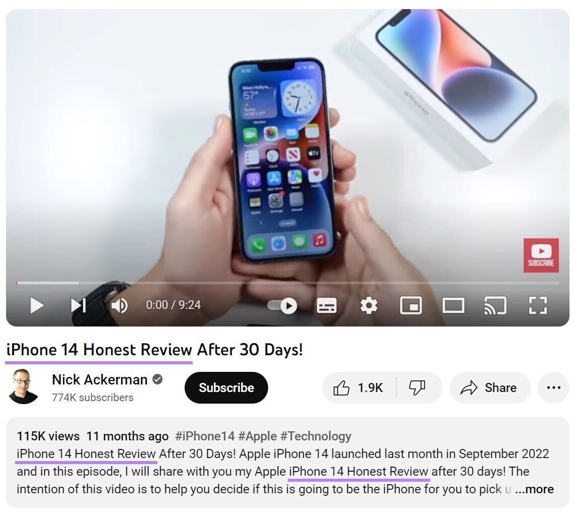 YouTube video by Nick Ackerman titled "iPhone 14 Honest Review After 30 Days!"