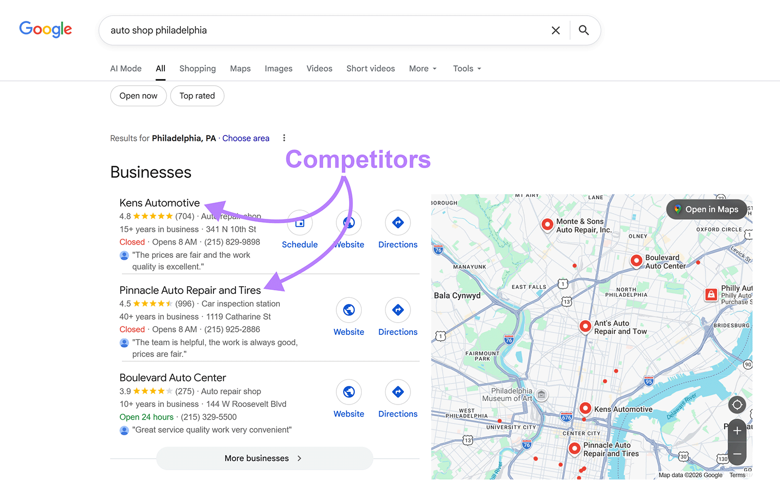 Google local pack showing auto shops in Philadelphia with competitor labels and map.