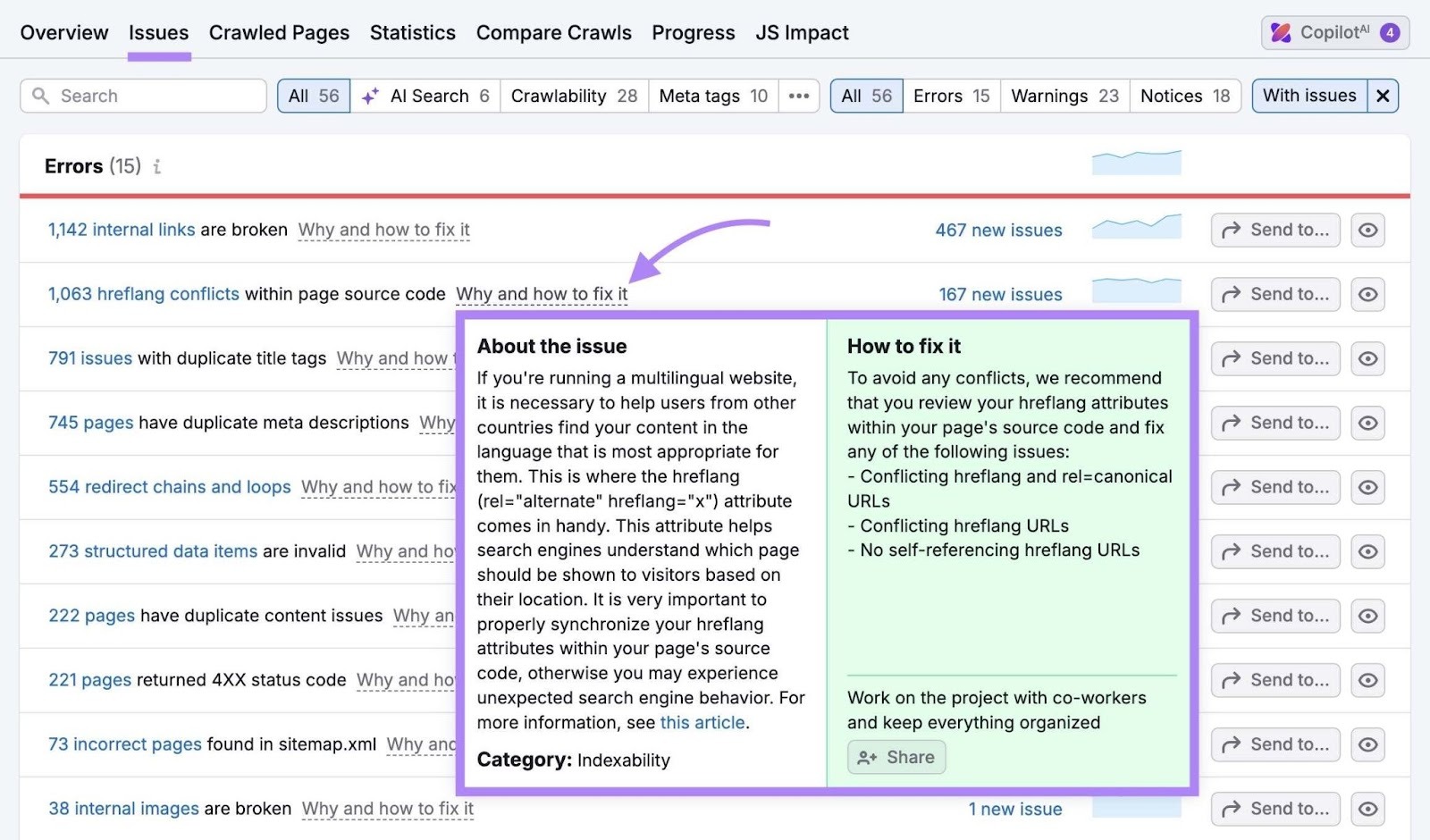 Issues on Site Audit with “Why and how to fix it” next to an error clicked.