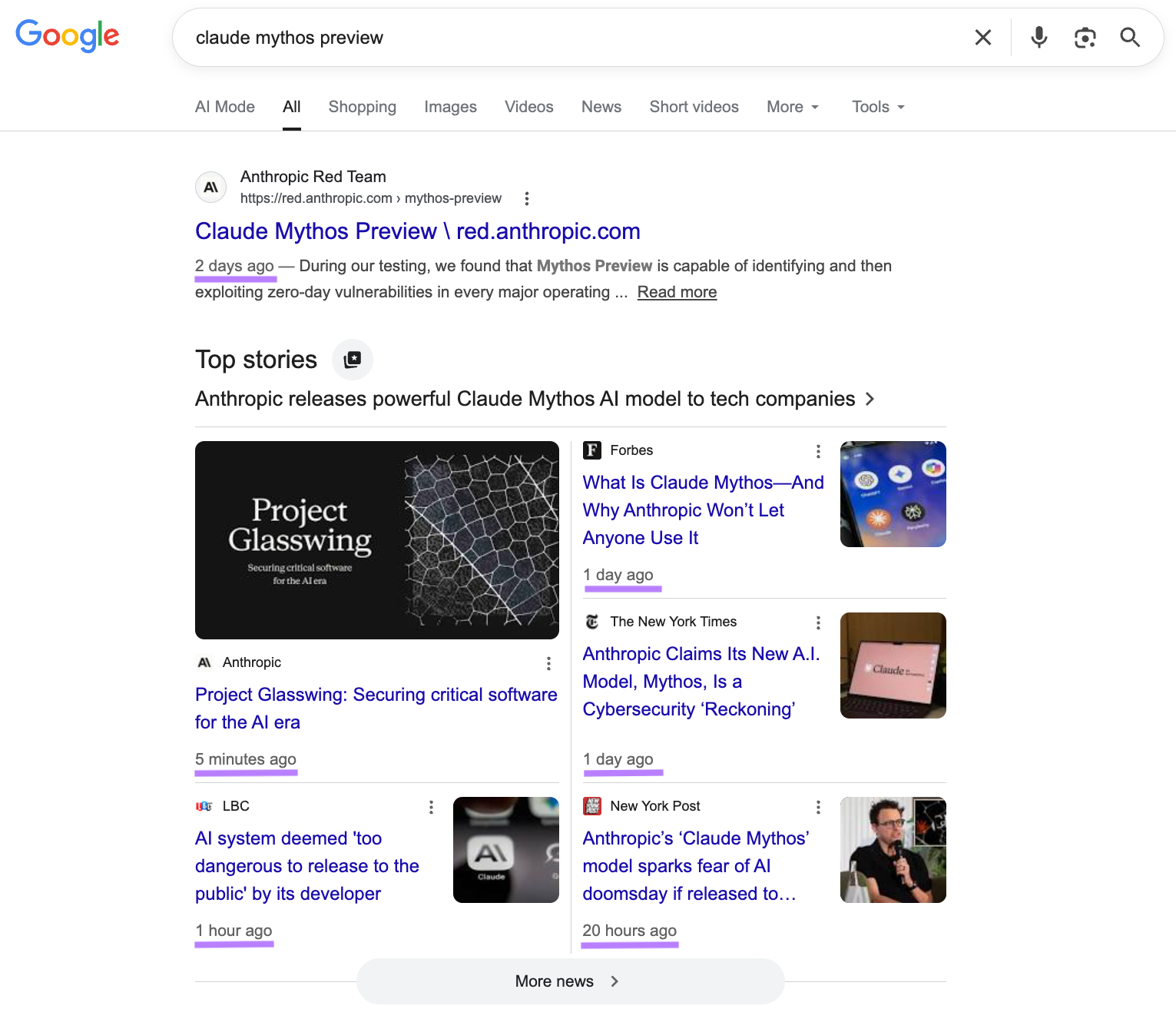 Google's top stories feature showing recent articles related to the query "claude mythos preview."