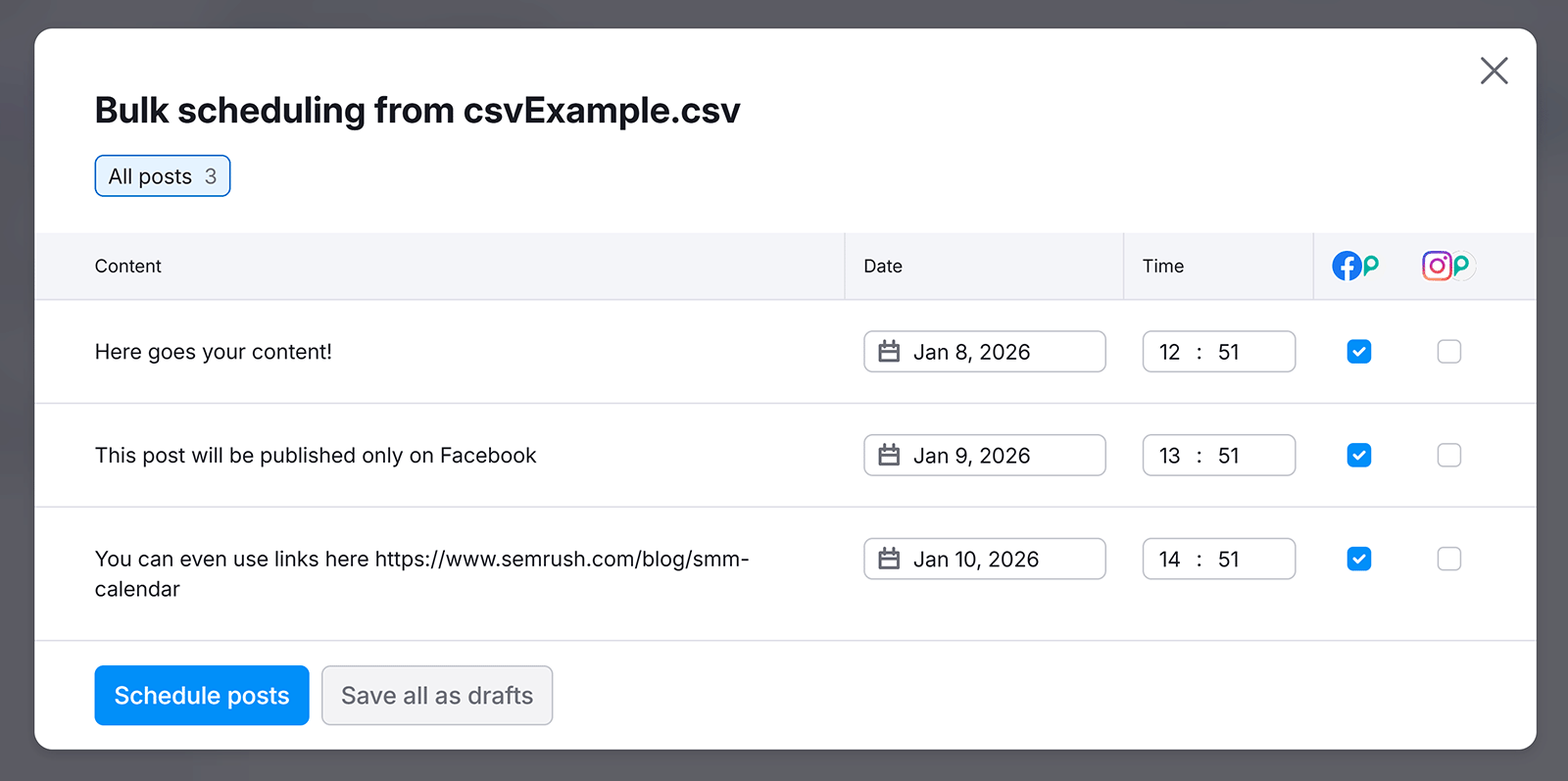 Bulk social media scheduling screen showing posts uploaded from a CSV with dates, times, and platform selection.