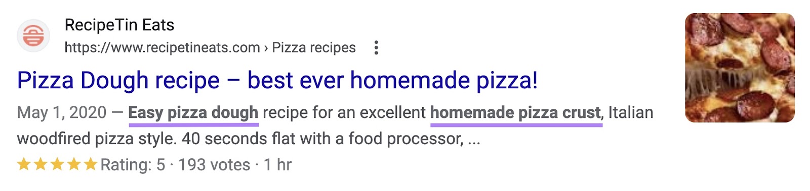 bolded terms in a SERP listing include "easy pizza dough" and "homemade pizza crust"