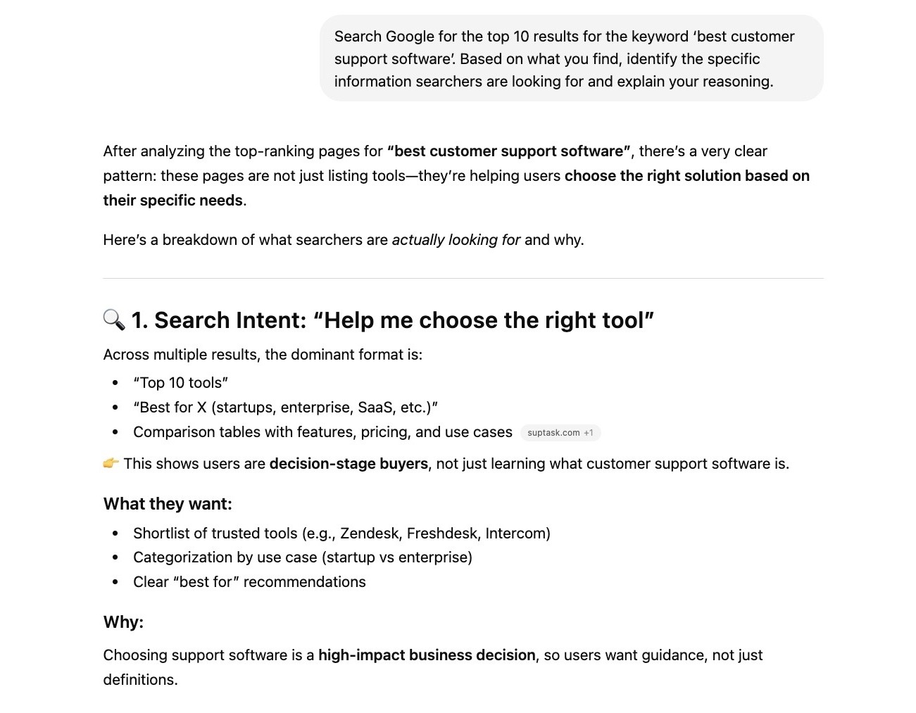 A prompt on ChatGPT to analyze and identify search intent on the top ranking SERP listings along with the response generated.