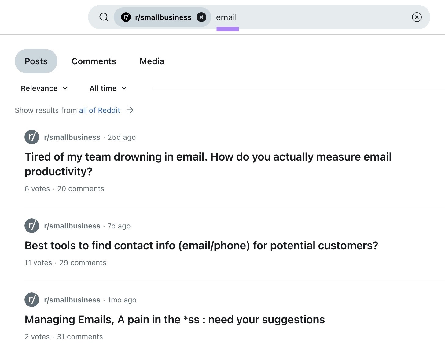 Finding posts using the keyword "email" in the small business subreddit.