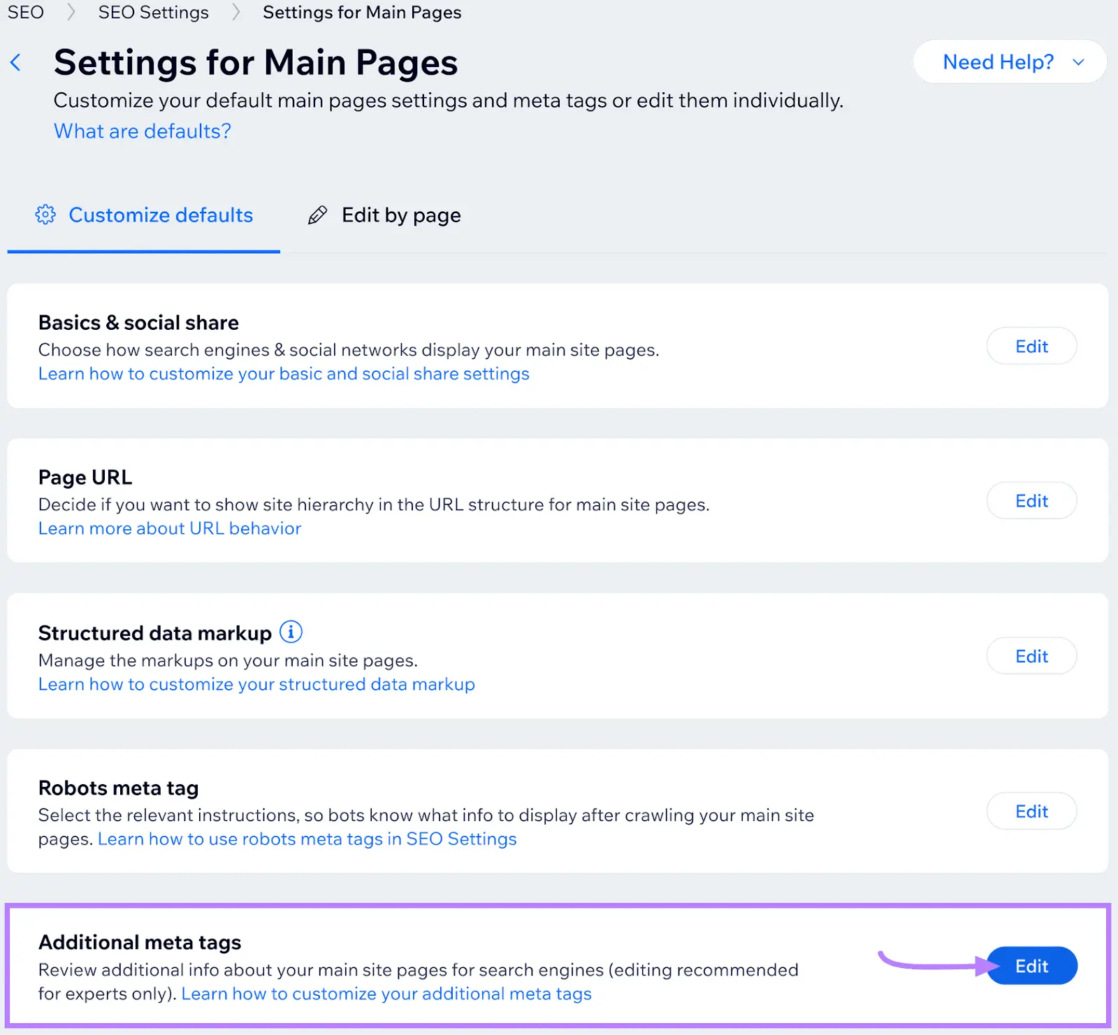 SEO settings for Main Pages, with the last section, "Additional meta tags" highlighted in a purple box