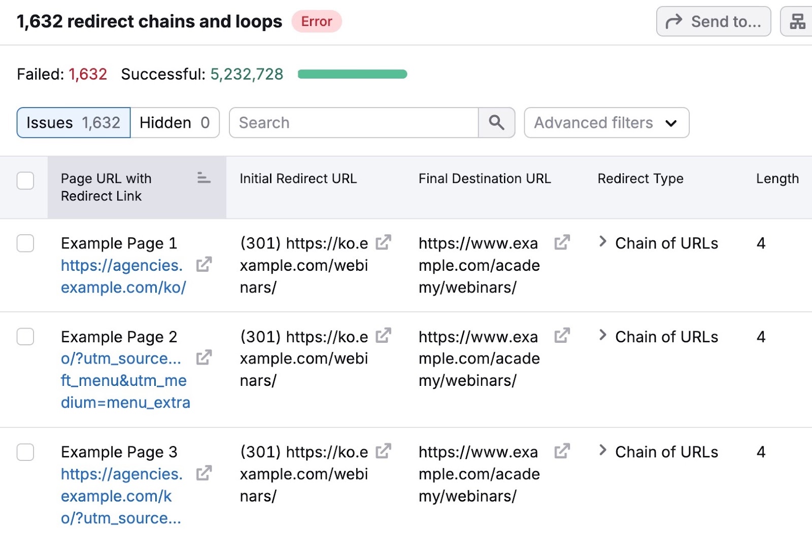 A list of pages with redirect chains and loops errors along with the initial redirect URL, final destination URL, redirect type, and length.