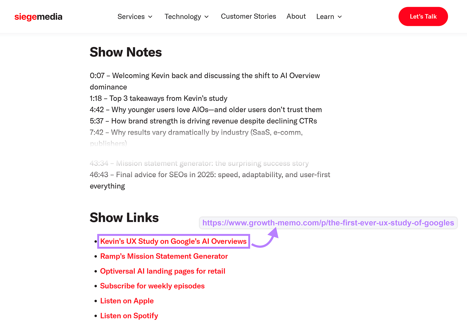 Podcast show notes page with an arrow pointing to a highlighted external link.
