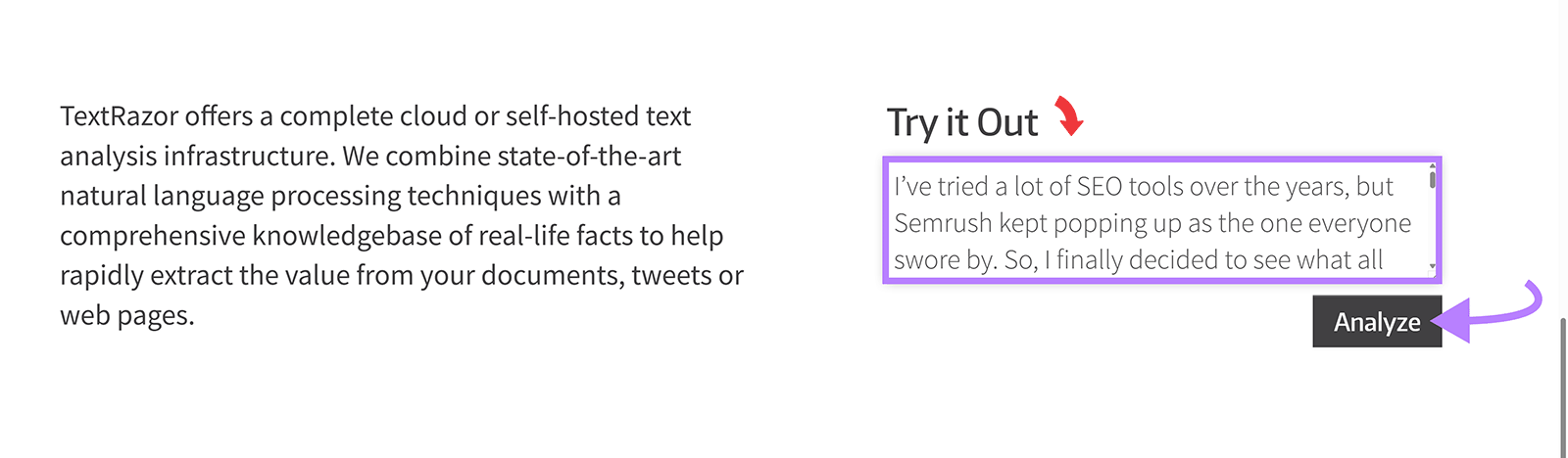 TextRazor homepage section with text input field and Analyze button highlighted.