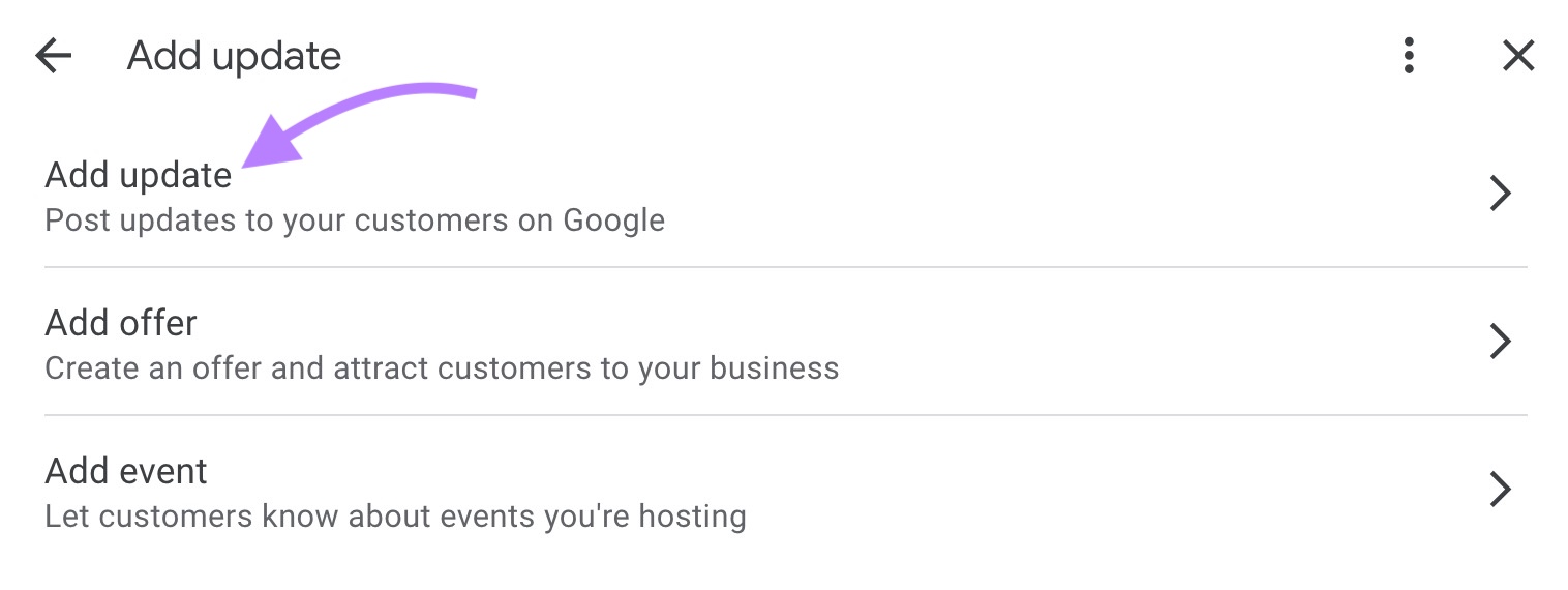 "Add update" clicked on the "Add update" window of GBP to post updates to customers on Google.