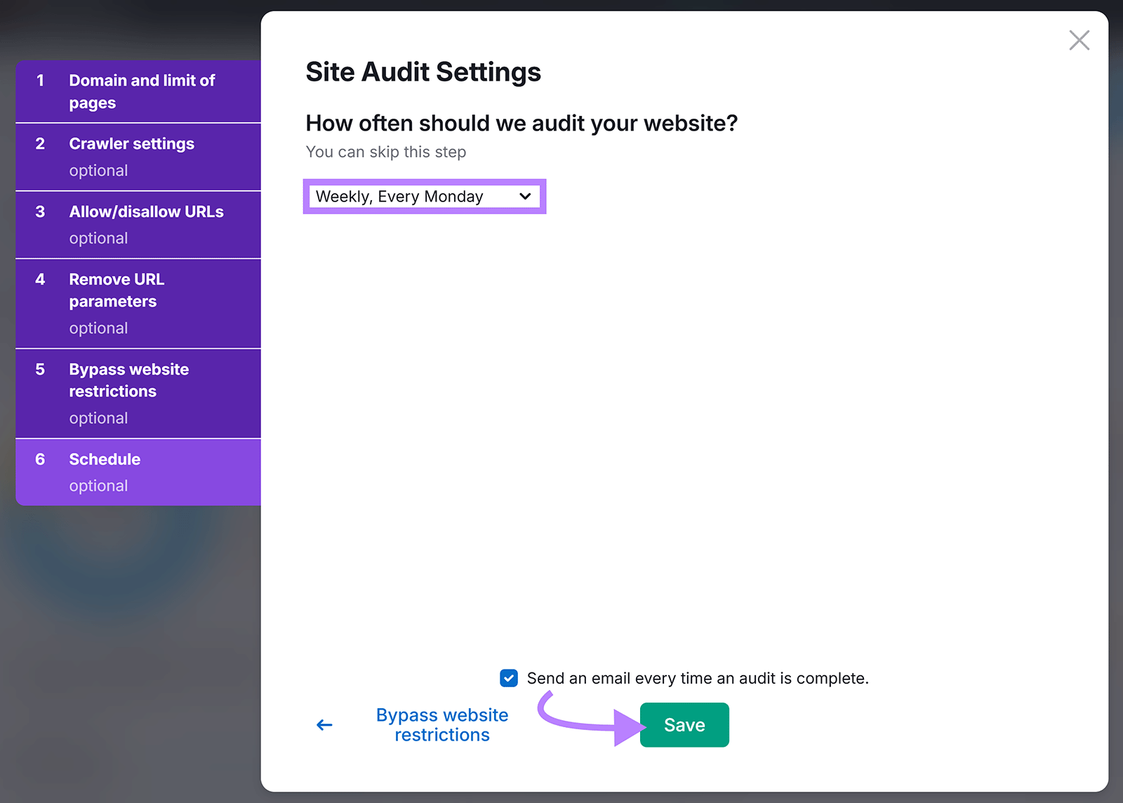 Site Audit Settings configuration popup with schedule set to 'Weekly, Every Monday' and arrow pointing to Save button