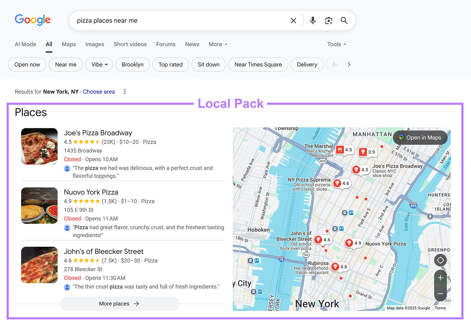 Google search results for pizza places near me with three listings highlighted and map locations marked.