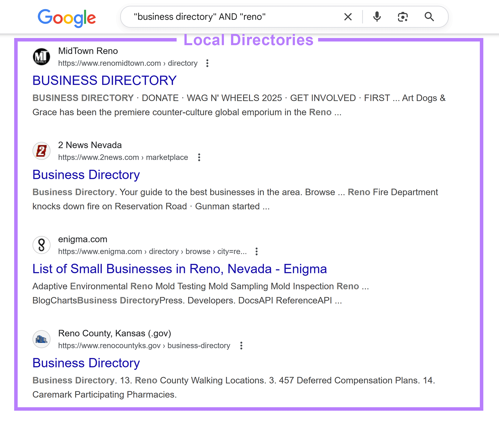 Google search results for business directories in Reno, Nevada