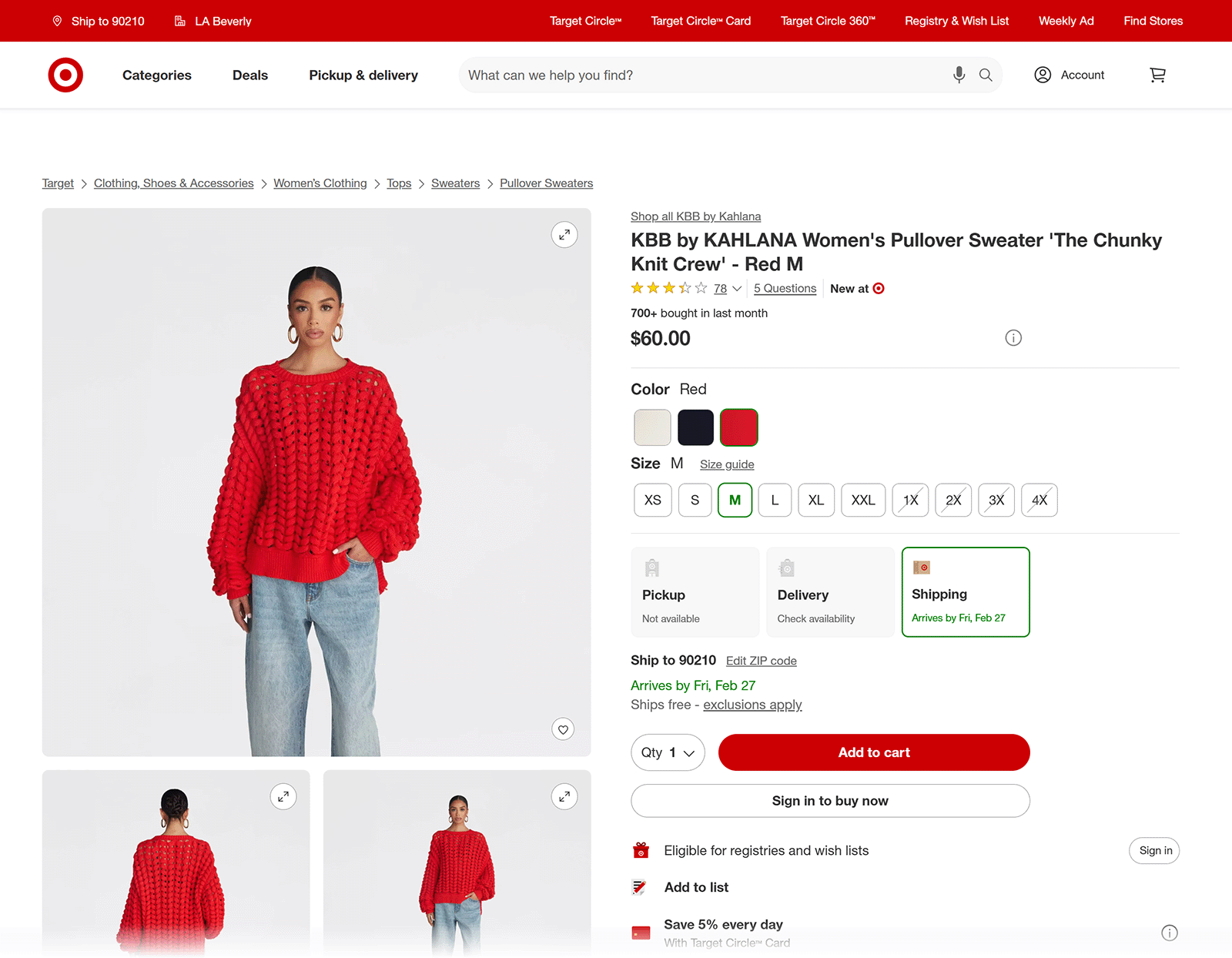 Target sweater product page with color swatches, size options, shipping info, and Add to Cart