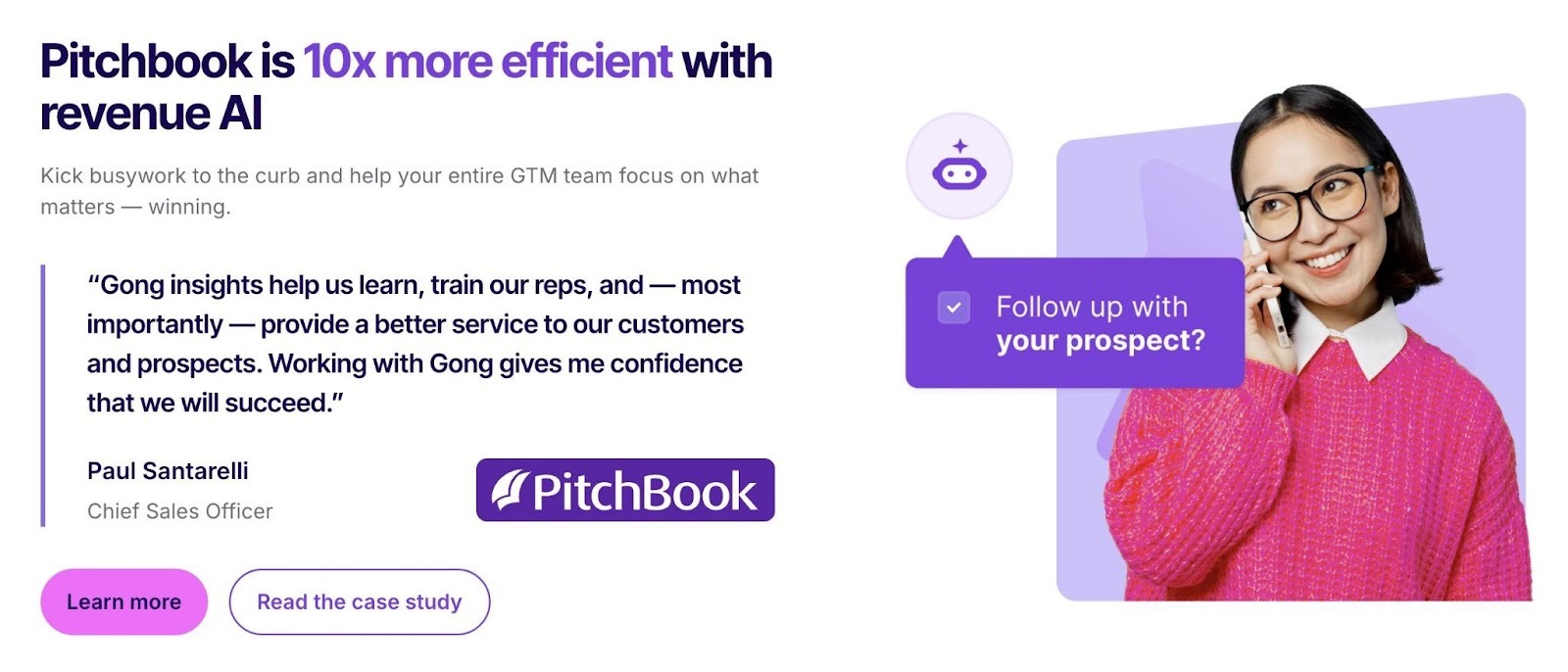 Gong's homepage prominently featuring a customer story as social proof.