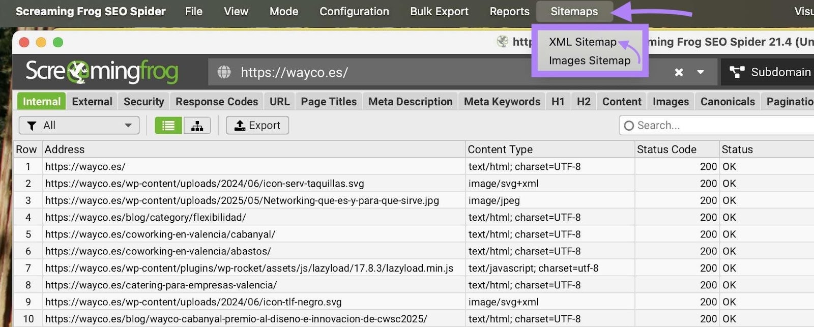"XML Sitemap" under "Sitemaps" clicked on the Screaming Frog SEO Spider tool.