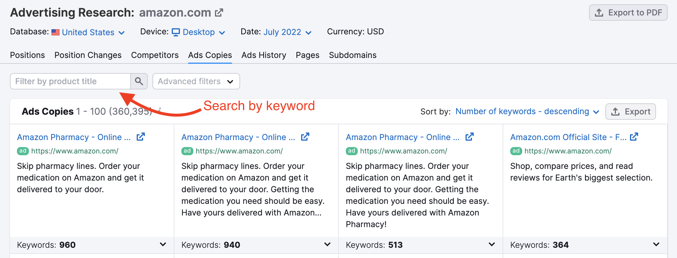 Advertising Research Ad Copies report. A red arrow points to the 'filter by product title' search bar. The red arrow is labeled as 'search by keyword'.