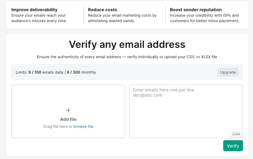 The user interface has two boxes for uploading a file or entering email addresses line by line. There is a green &ldquo;Verify&rdquo; button at the bottom of the page. 