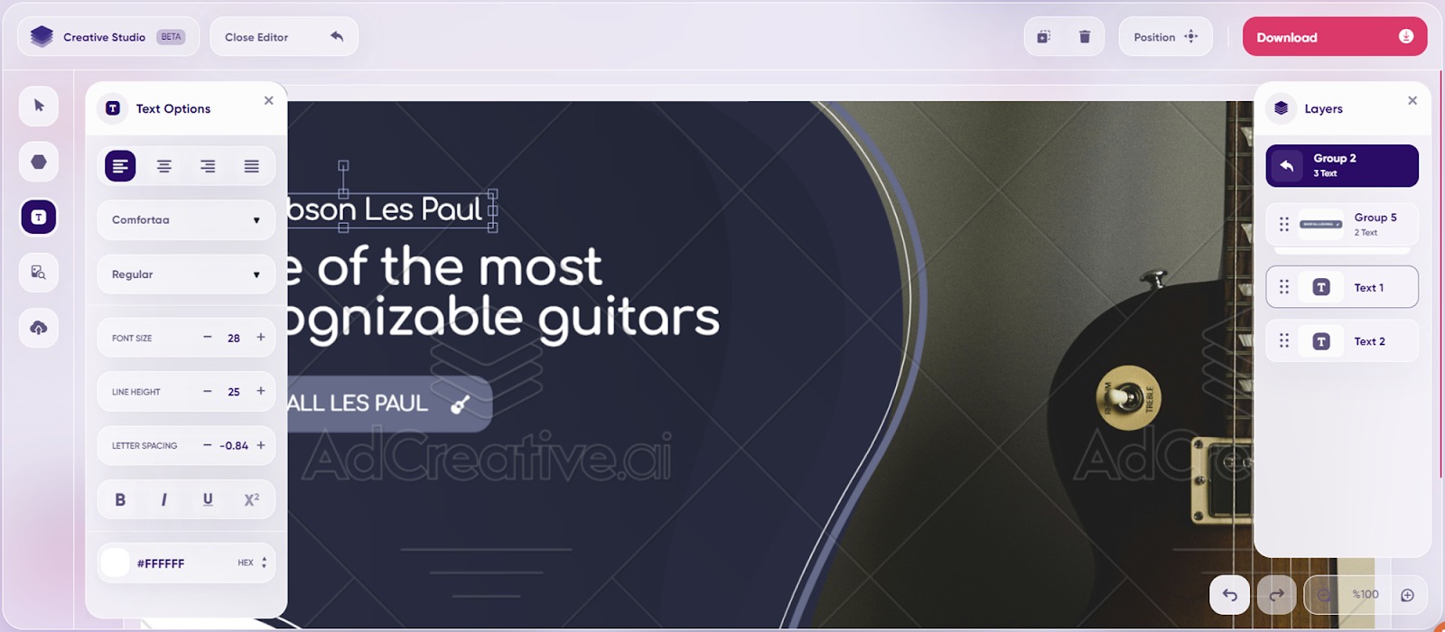 Editing layers in AdCreative.ai&rsquo;s Creative Studio Editor.