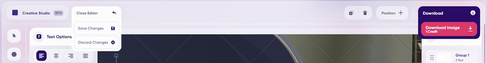 Closing the editor or downloading assets from in AdCreative.ai&rsquo;s Creative Studio Editor.