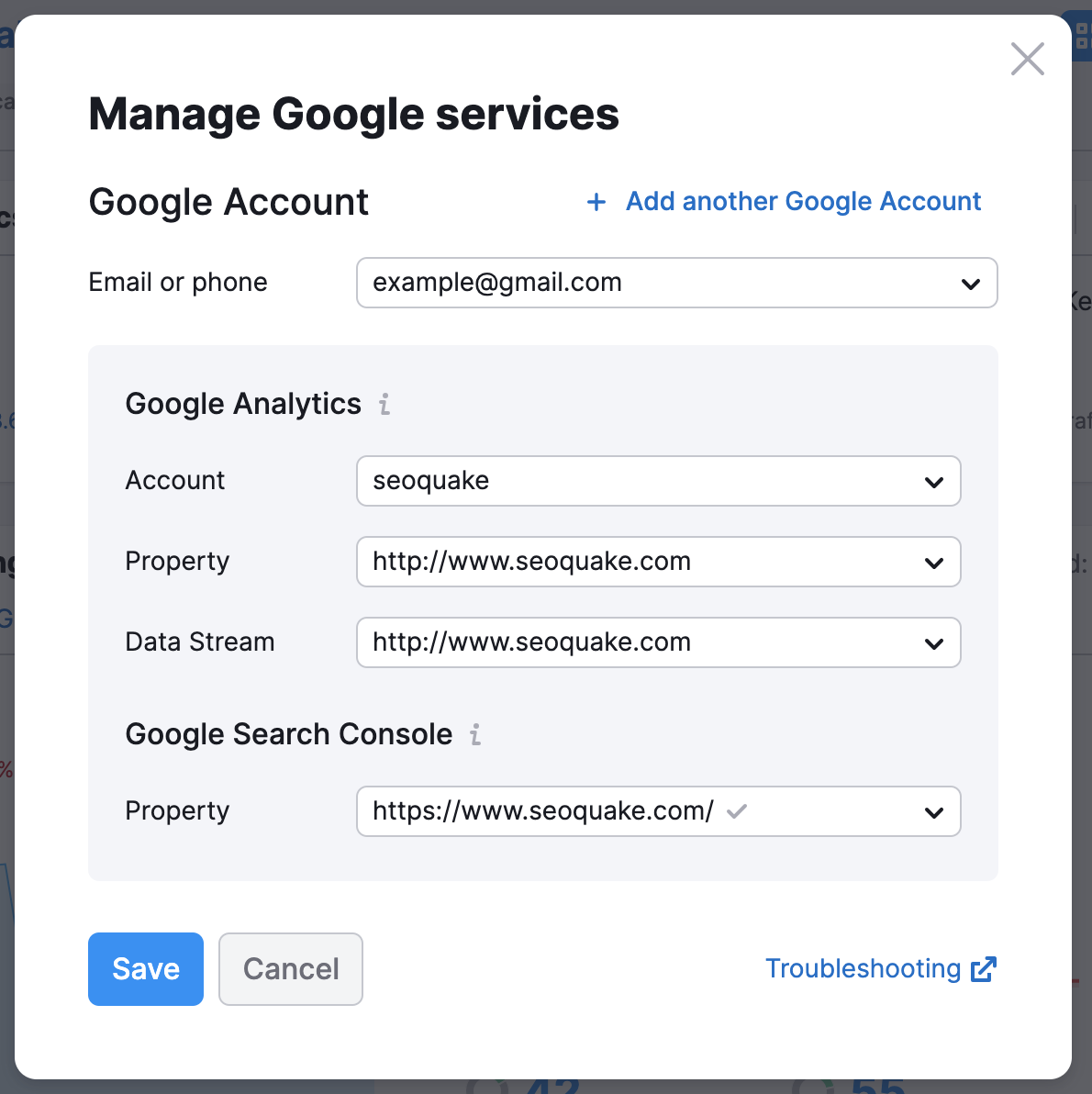 Google Analytics connection wizard with a red arrow pointing to the Folder icon next to the GA4 property.