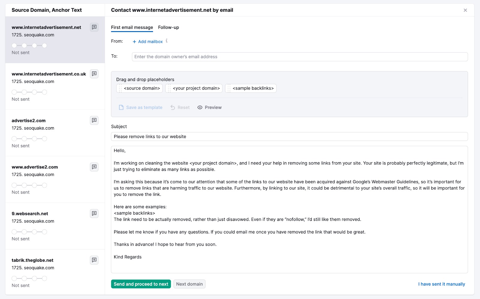 An example of an email that can be sent to domain owners.