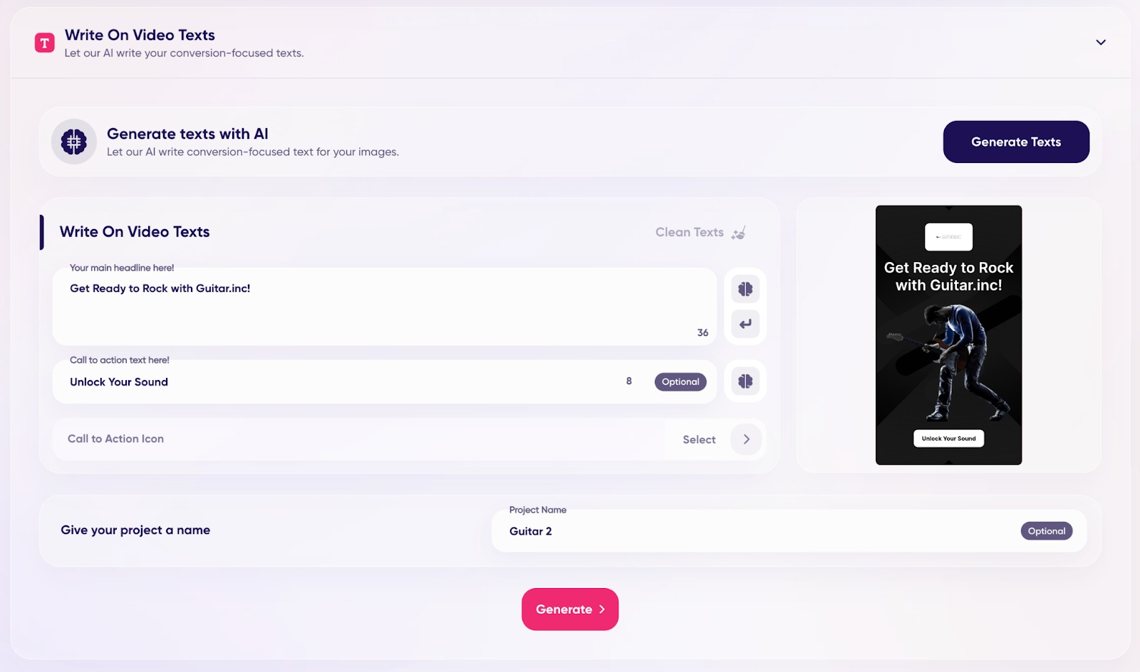 An example of the &lsquo;Write On Video Texts&rsquo; step in the process of creating Product Video Ads.