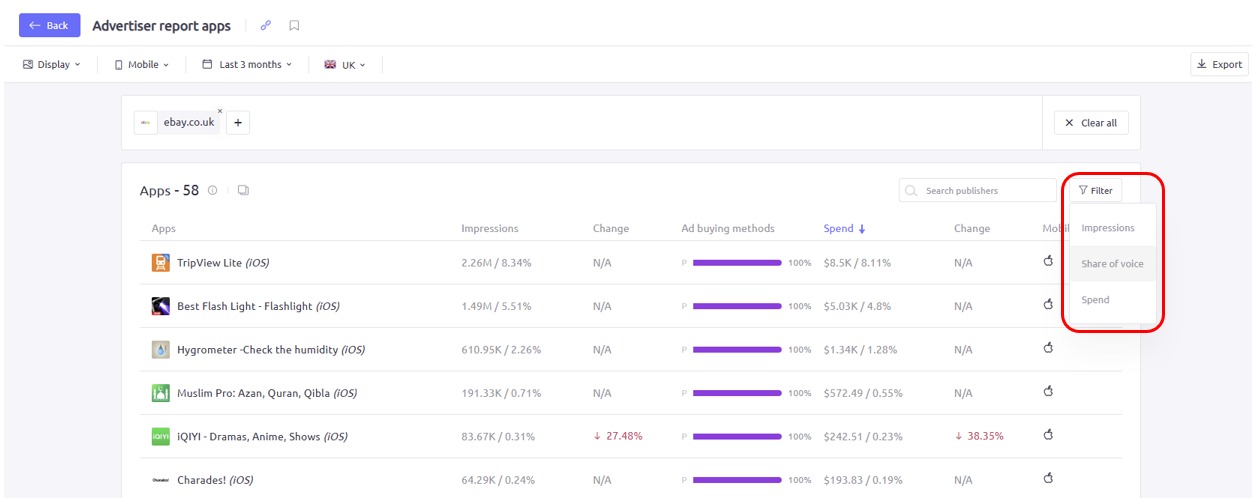 Filtering an apps report in AdClarity &mdash; Advertising Intelligence