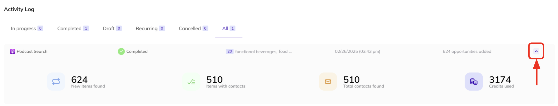 Viewing your campaign search summary in AI Backlink Builder.