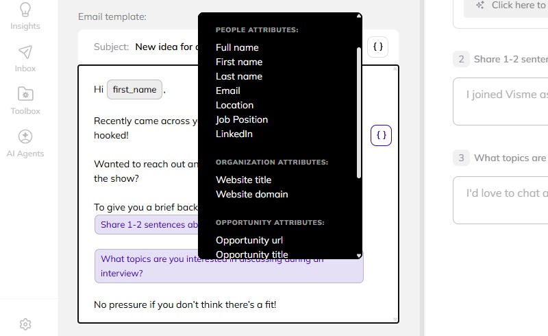 How to add attributes to your email template in AI Backlink Builder.