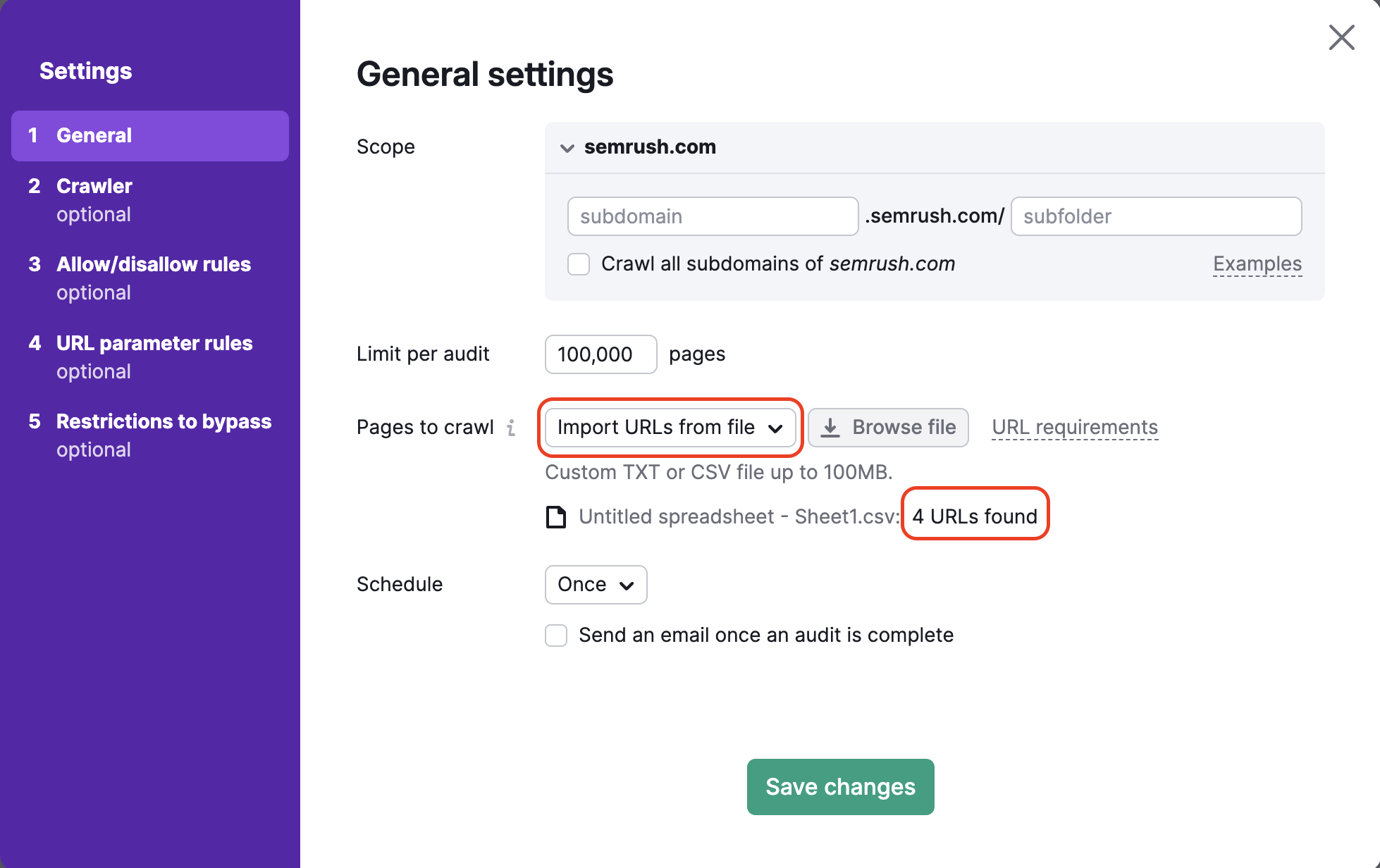 Site Audit settings window with URLs from file selected and highlighted under Pages to crawl. The number of identified URLs from the file is also highlighted.