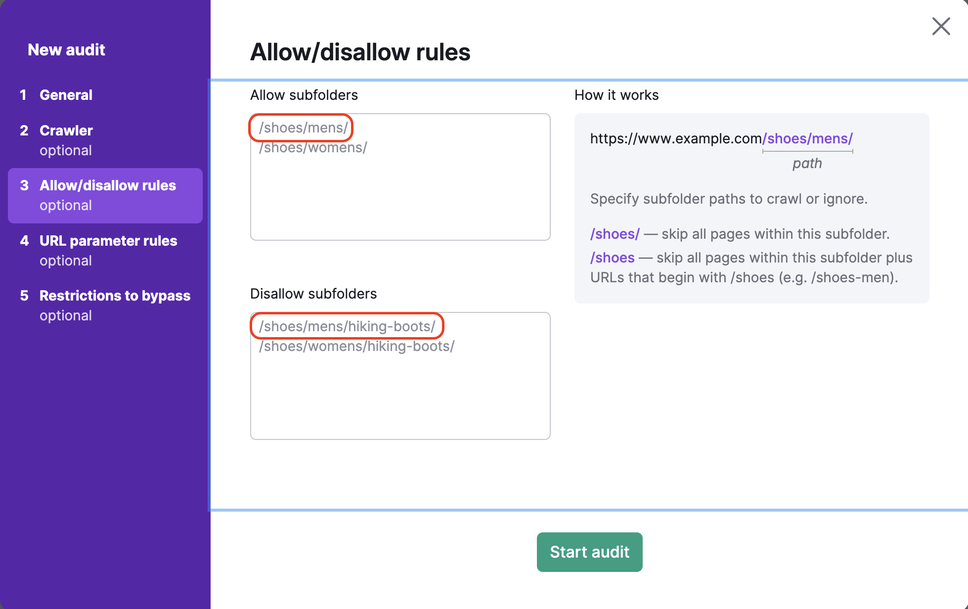 Example demonstrating how to refine allow/disallow mask settings. The allow field highlights the /shoes/mens/ path, while the disallow field highlights the /shoes/mens/hiking-boots subfolder, showing that specific subfolders can be excluded even when broader paths are allowed.