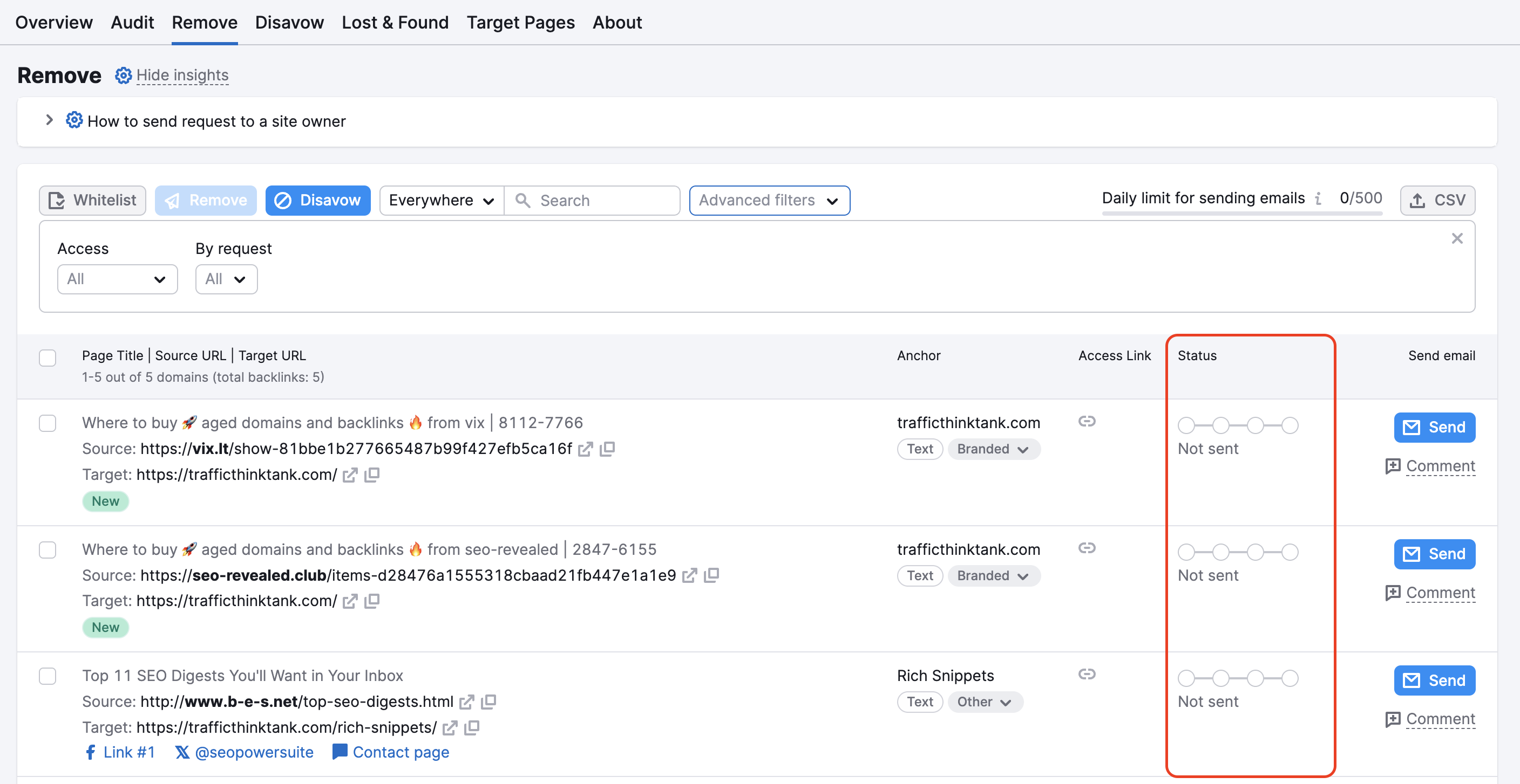 The Remove report in Backlink Audit: the Status column is highlighted.