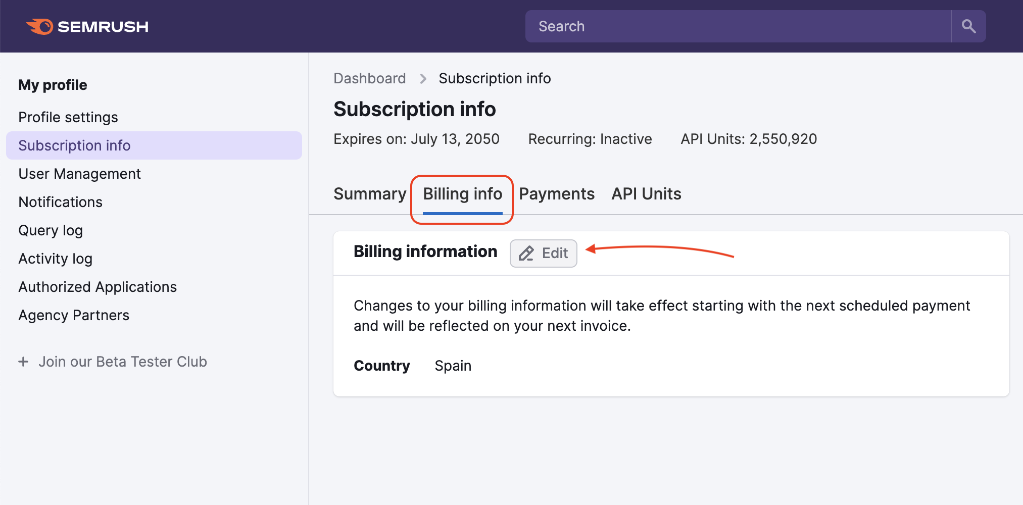 An example of the Subscription Info with Billing Info tab open.