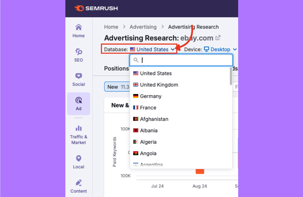 Country database selector with United States chosen.