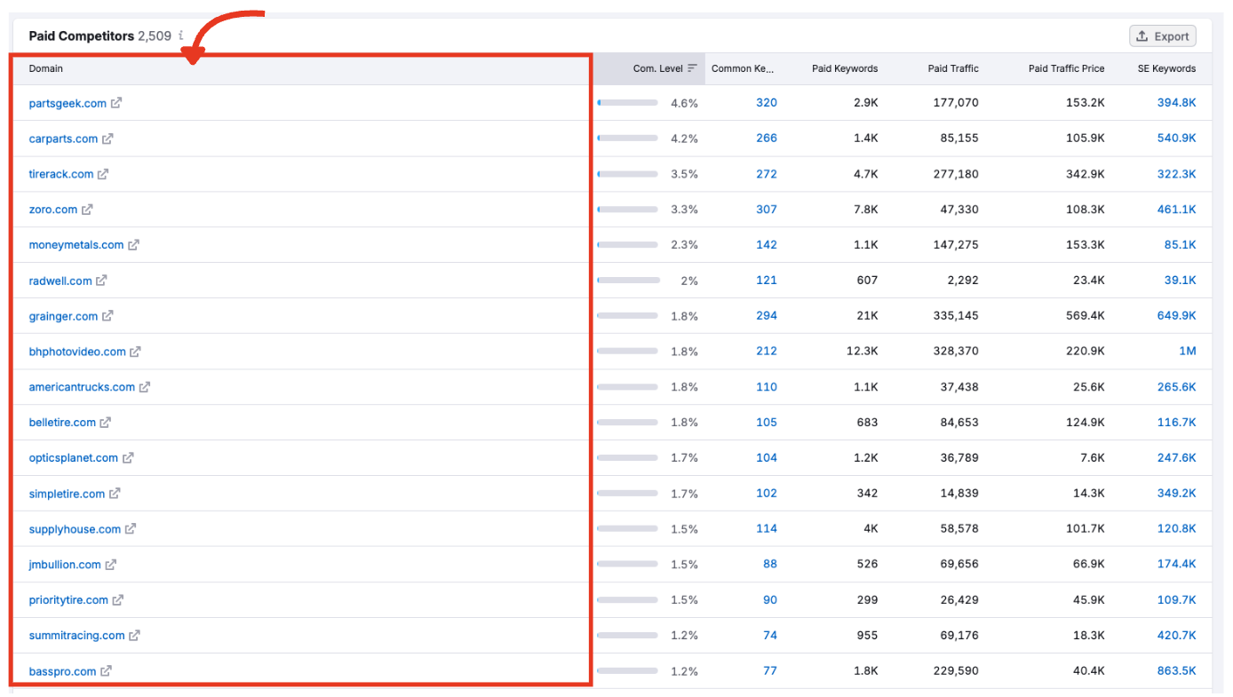 Domain column listing paid search competitors with clickable URLs.
