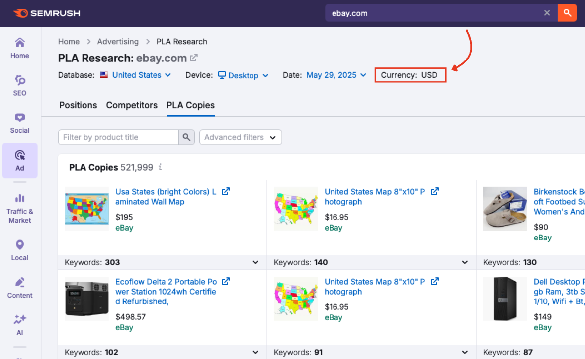 Currency display in the PLA Copies interface, currently set to USD.