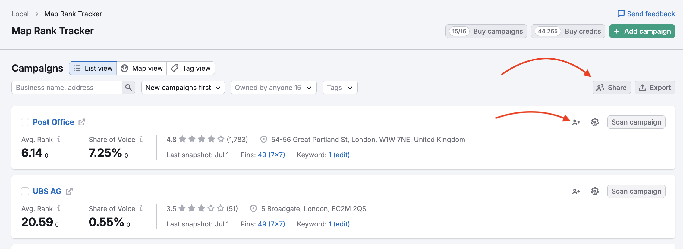 Red arrows are pointing to the Share buttons: one in the top-right corner to share several campaigns, and one on the campaign card for the individual campaign sharing.