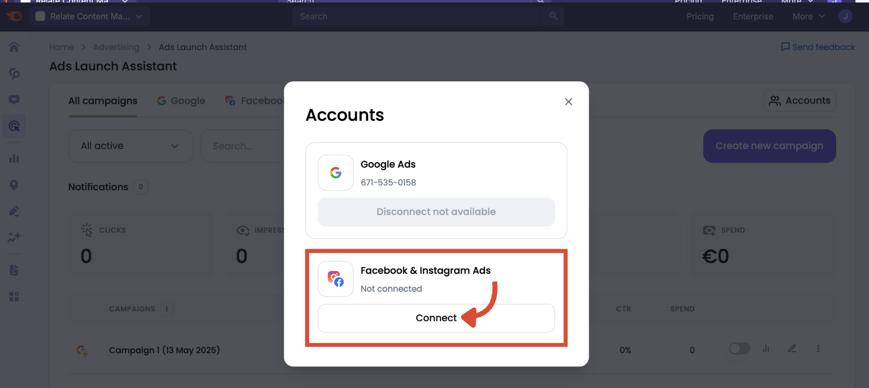 Accounts menu in Ads Launch Assistant showing both Google and Meta options.