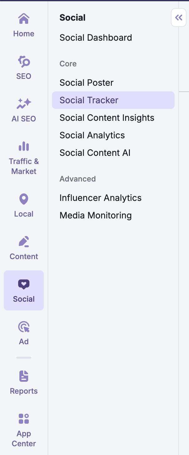 Left-hand menu with the Social Toolkit open and Social Tracker highlighted.