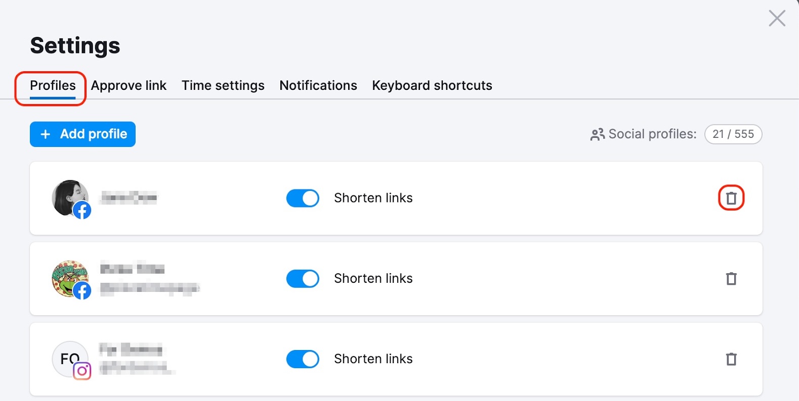 Social Tracker settings: you can remove accounts under the Profiles tab by clicking the trash icon next to the linked account and add them by clicking Add profile.