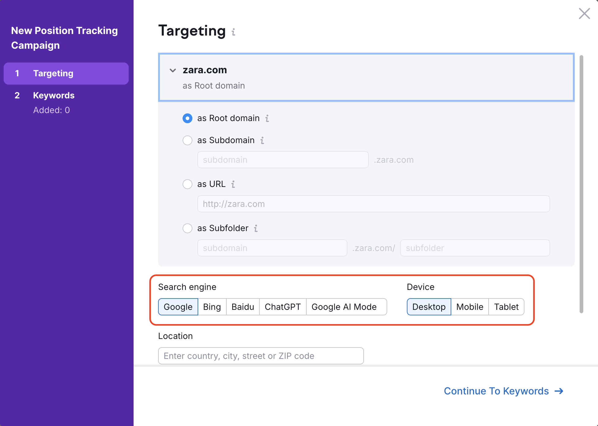 Position Tracking configuration window – Targeting. A red rectangle is highlighting the Search engine and Device buttons.