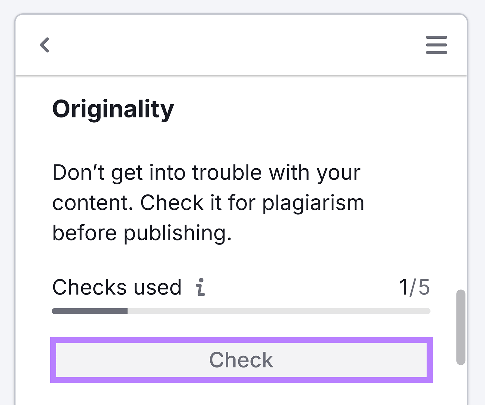 Originality section with Check button highlighted.