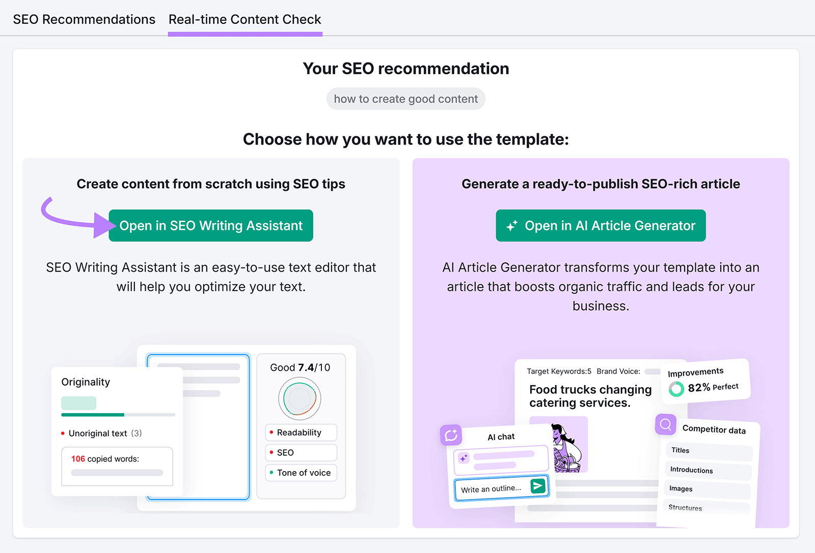 Real-time Content Check tab with arrow pointing to Open in SEO Writing Assistant button.