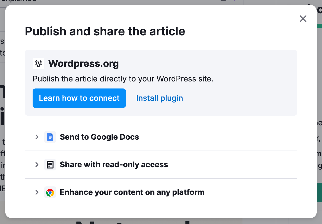 Publish and share the article options