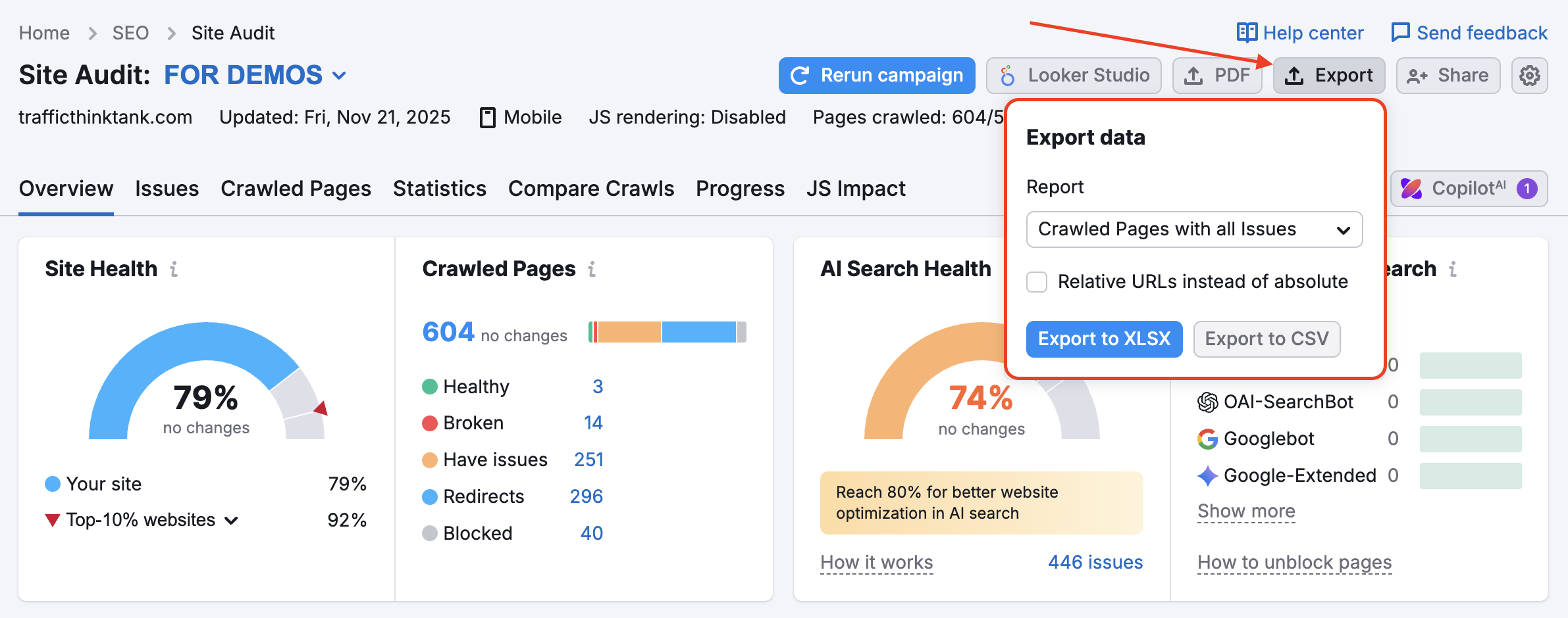 Exporting reports from Site Audit.